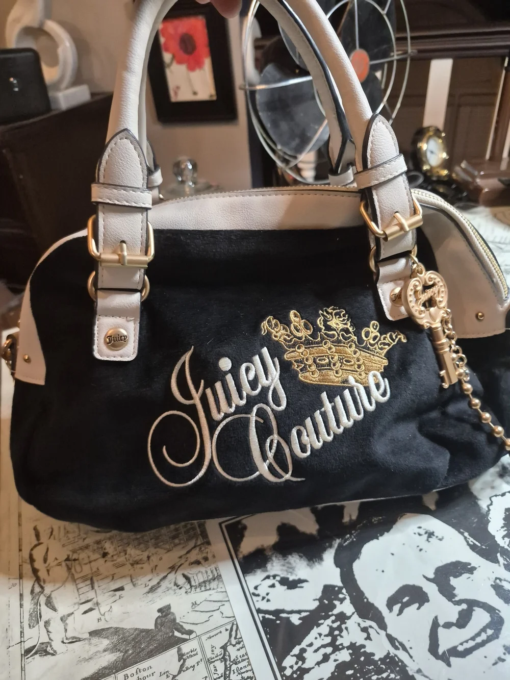 Juicy Couture Black and White Embroidered Crown Satchel
